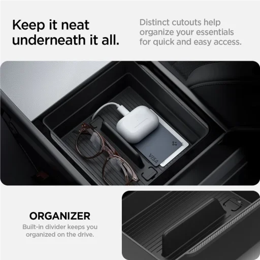 Spigen organizér do stredovej konzoly a lakťovej opierky čierny – Tesla Model 3 2024 - 15