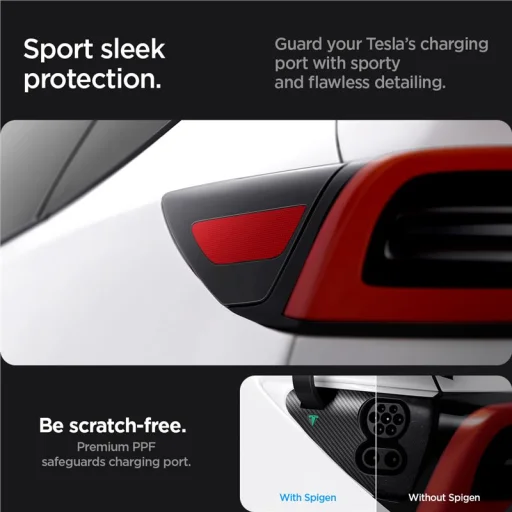 Spigen sada ochrannej fólie a krytu nabíjacieho portu Tesla, karbón – Tesla Model Y/3 - 2