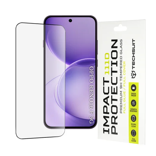 Techsuit 111D celoplošné ochranné tvrdené sklo s lepením po celej ploche pre Oppo Reno16 F, čierne tvrdené sklo. - 1