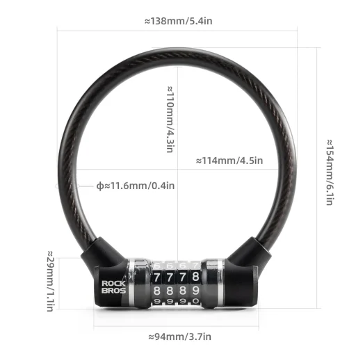 Rockbros 87639-4 zámok na bicykel na kód s oceľovým lankom, čierny - 2