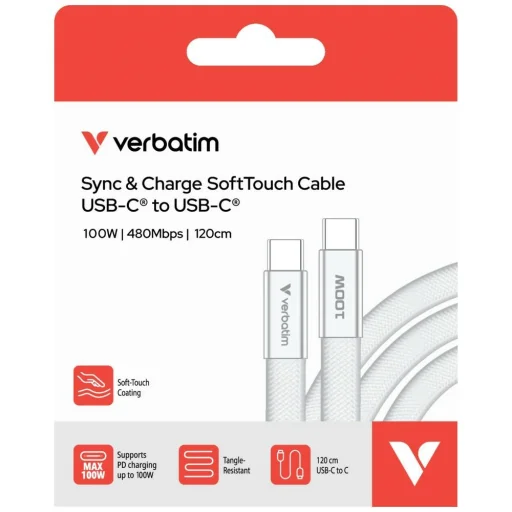 Verbatim Sync & Charge SoftTouch USB-C na USB-C kábel, 100 W PD3.0, 120 cm, biely, 30277 - 3