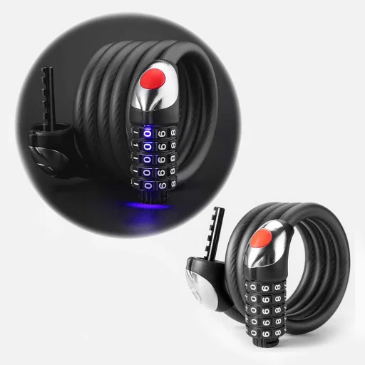 Rockbros RKS531 5-miestny kódový zámok na bicykel s oceľovým lankom, 120 cm, s LED osvetlením, čierny - 4
