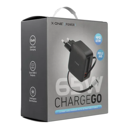 X-ONE ChargeGo GaN 65W sieťová nabíjačka s vysúvacím USB-C káblom, čierna - 7