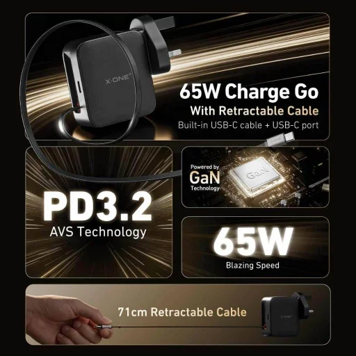 X-ONE ChargeGo GaN 65W sieťová nabíjačka s vysúvacím USB-C káblom, čierna - 11