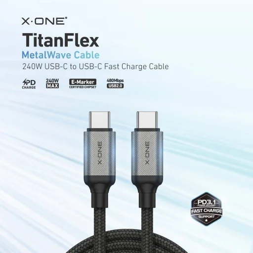 X-ONE TitanFlex USB-C – USB-C dátový kábel, 240 W, 1,2 m, čierny - 3