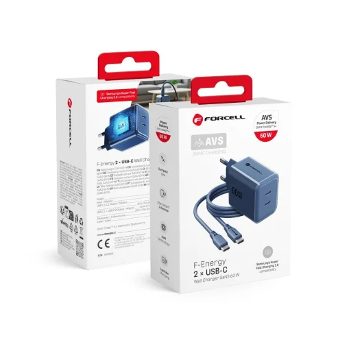 Forcell F-Energy GaN III Crystal Color 60 W-os USB-C hálózati töltő sötétkék USB-C kábellel, VT-60 - 1