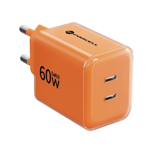Forcell F-Energy GaN III Crystal Color 60 W sieťová nabíjačka s 2× USB-C konektormi a silikónovým káblom USB-C – USB-C, oranžová, VT-60 - 2