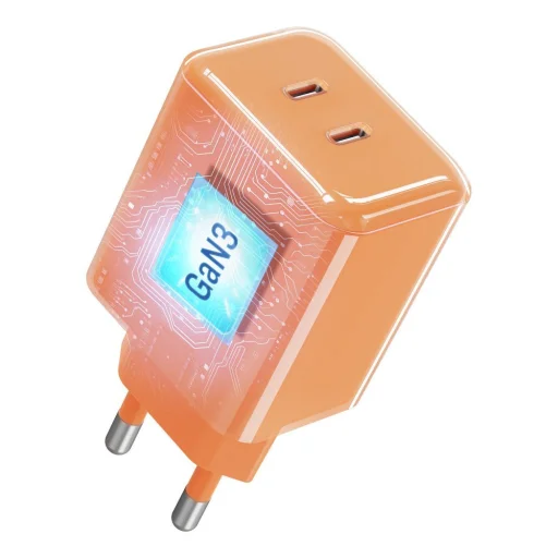 Forcell F-Energy GaN III Crystal Color 60 W sieťová nabíjačka s 2× USB-C konektormi a silikónovým káblom USB-C – USB-C, oranžová, VT-60 - 4