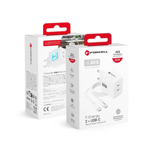 Forcell F-Energy GaN III Crystal Color VT-60 60 W-os hálózati gyorstöltő 2 USB-C porttal és USB-C–USB-C szilikonkábellel, fehér - 1