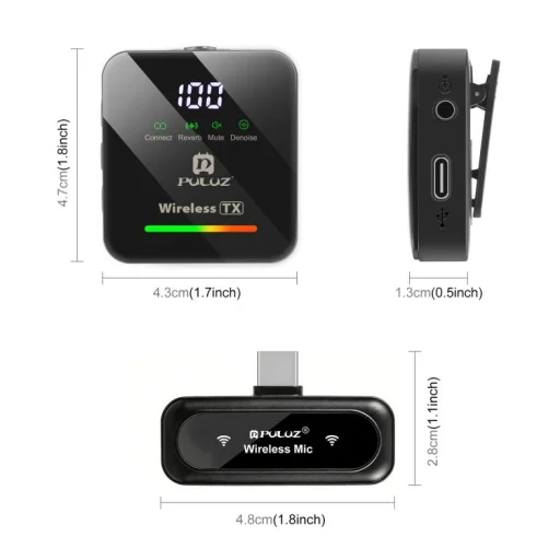 PULUZ PU3157B vezeték nélküli csíptetős mikrofon Type-C telefonhoz, Type-C vevőegységgel és 4 mikrofonnal (fekete) - 2