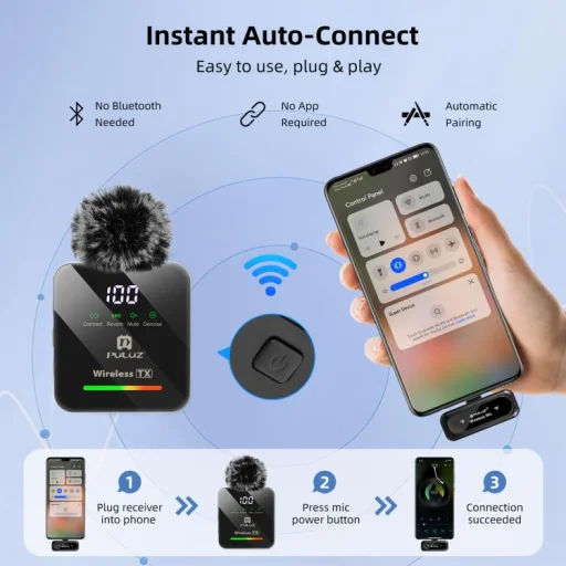 PULUZ PU3157B vezeték nélküli csíptetős mikrofon Type-C telefonhoz, Type-C vevőegységgel és 4 mikrofonnal (fekete) - 8