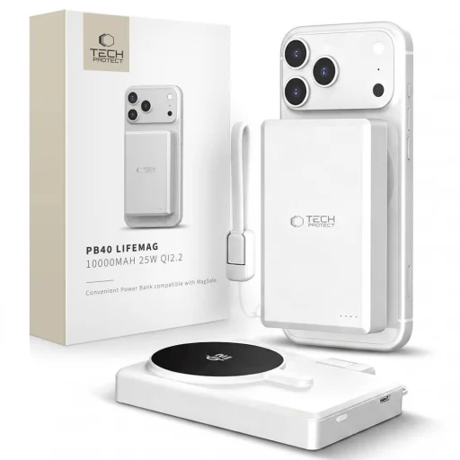 Tech-Protect PB40 LifeMag MagSafe külső akkumulátor 10000 mAh 25 W Qi2.2 fehér-ezüst - 1