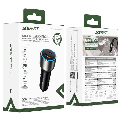 Acefast B21 nabíjačka do auta s USB-C a USB konektorom, 75 W, kovovo sivá - 7