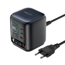 Acefast Z10 stolná GaN nabíjacia stanica s 3 portmi USB-C, USB-A, výsuvným USB-C káblom a farebným TFT displejom, čierna