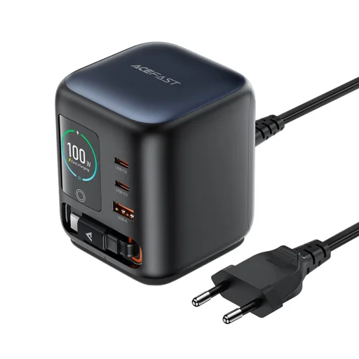 Acefast Z10 stolná GaN nabíjacia stanica s 3 portmi USB-C, USB-A, výsuvným USB-C káblom a farebným TFT displejom, čierna - 1