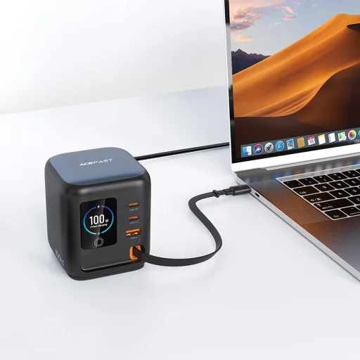 Acefast Z10 stolná GaN nabíjacia stanica s 3 portmi USB-C, USB-A, výsuvným USB-C káblom a farebným TFT displejom, čierna - 2