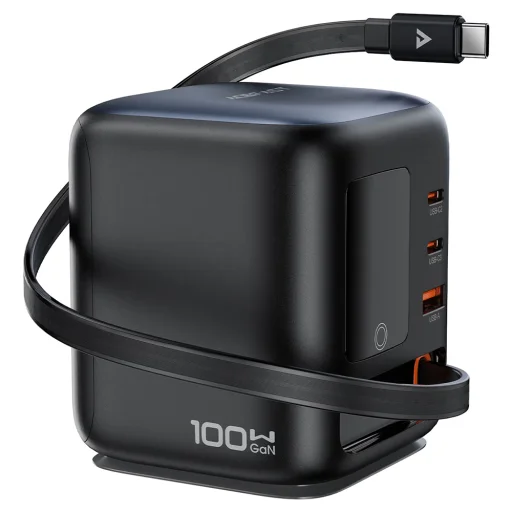 Acefast Z10 stolná GaN nabíjacia stanica s 3 portmi USB-C, USB-A, výsuvným USB-C káblom a farebným TFT displejom, čierna - 3