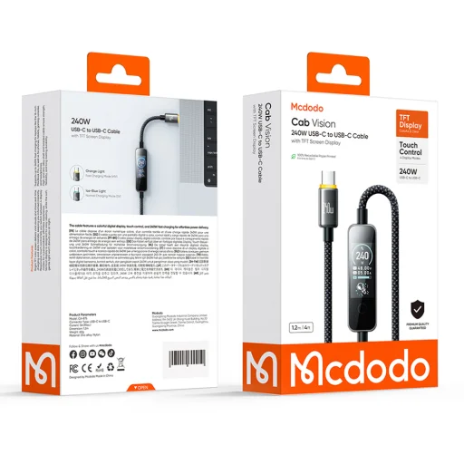 Mcdodo CA-8750 dátový a nabíjací kábel Type-C na Type-C 240W s TFT displejom, čierny, 1,2 m - 7
