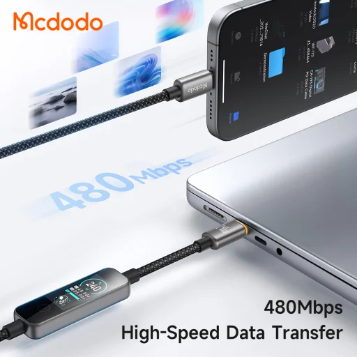 Mcdodo CA-8750 dátový a nabíjací kábel Type-C na Type-C 240W s TFT displejom, čierny, 1,2 m - 5