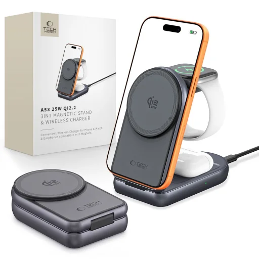 Tech-Protect A53 magnetická bezdrôtová nabíjačka 3 v 1 MagSafe 25 W Qi2.2, tmavosivá - 1