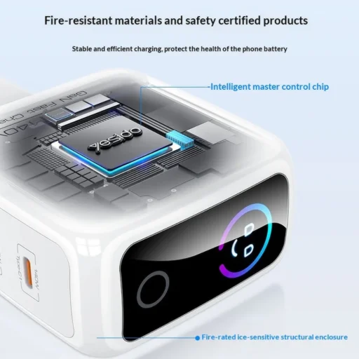Yesido YC114 140W GaN sieťová nabíjačka s TFT displejom, USB a 2 portmi Type-C, biela - 3