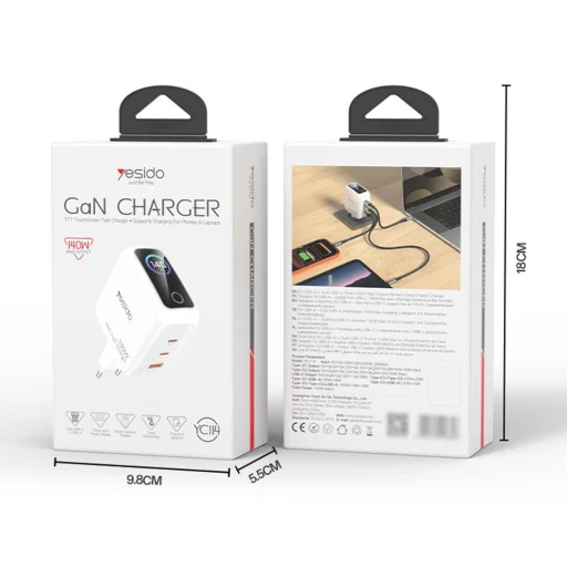 Yesido YC114 140W GaN sieťová nabíjačka s TFT displejom, USB a 2 portmi Type-C, biela - 7