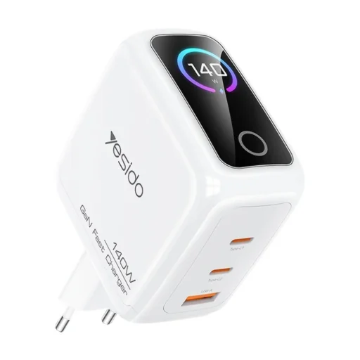 Yesido YC114 140W GaN sieťová nabíjačka s TFT displejom, USB a 2 portmi Type-C, biela - 1