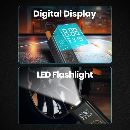 Bezdrôtový kompresor do auta Techsuit GoInflate AI1 s LED svetlom, 4000mAh, čierny - 4