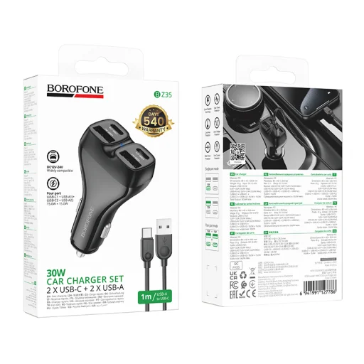 Borofone autonabíjačka BZ35 Leader - 2 x typ C + USB - 30 W Power Delivery s káblom USB na typ C čierna - 8