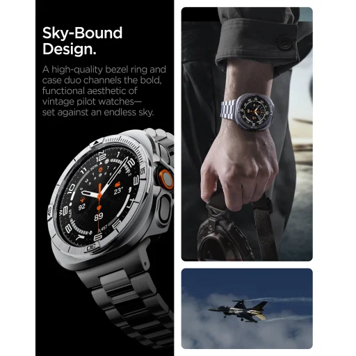 Spigen Bezel Tune Pro (Pilot) ochranné puzdro s kovovým rámčekom pre Samsung Galaxy Watch Ultra 2 47 mm, strieborné - 14