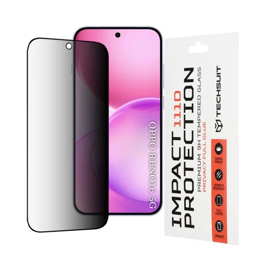 Techsuit 111D Privacy ochranné tvrdené sklo s celoplošným lepením pre Oppo Reno16, čierna sklenená fólia - 1