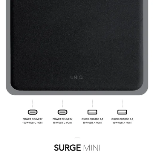UNIQ Surge Mini 100 W-os asztali töltőállomás, antracitfekete, 2× USB és 2× USB-C - 4