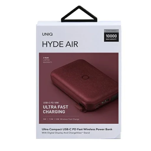 UNIQ Hyde Air 10000 mAh vezeték nélküli powerbank, bordó - 10