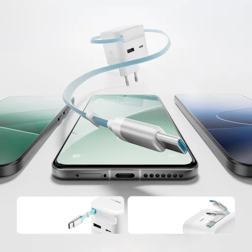 Cuktech AD653W 67 W GaN sieťová nabíjačka s 2× USB-C, USB-A a výsuvným káblom USB-C – biela - 4