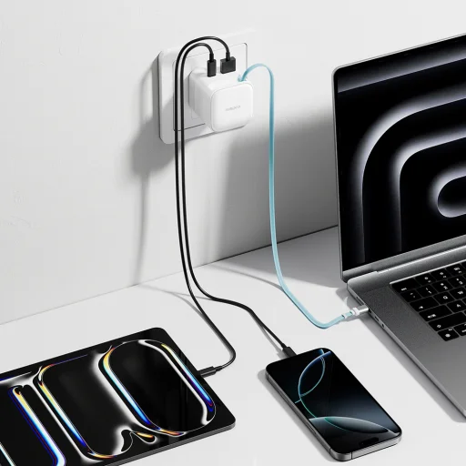 Cuktech AD653W 67 W GaN sieťová nabíjačka s 2× USB-C, USB-A a výsuvným káblom USB-C – biela - 6