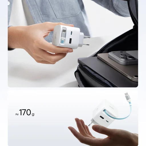 Cuktech AD653W 67 W GaN sieťová nabíjačka s 2× USB-C, USB-A a výsuvným káblom USB-C – biela - 10