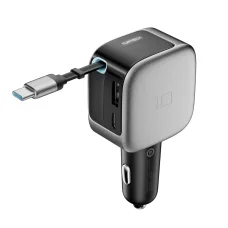 Cuktech CC903P 100 W-os autós töltő kijelzővel és 70 cm-es behúzható USB-C kábellel, szürke