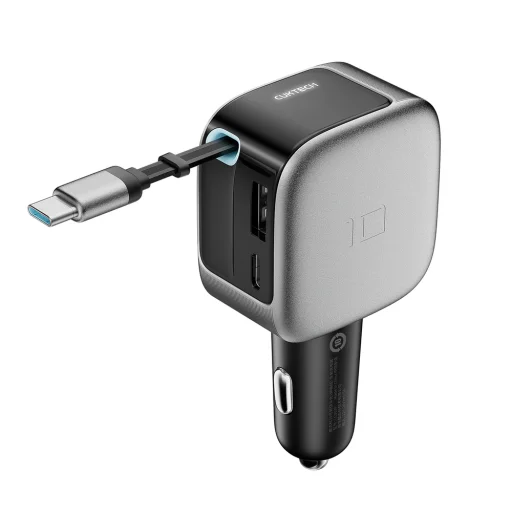 Cuktech CC903P 100W autonabíjačka s displejom a 70 cm samonavíjacím USB-C káblom, sivá - 1
