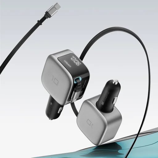 Cuktech CC903P 100W autonabíjačka s displejom a 70 cm samonavíjacím USB-C káblom, sivá - 6