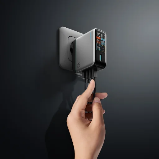 Cuktech AD1204U 120 W GaN sieťová nabíjačka s displejom a USB-C káblom, strieborná - 11