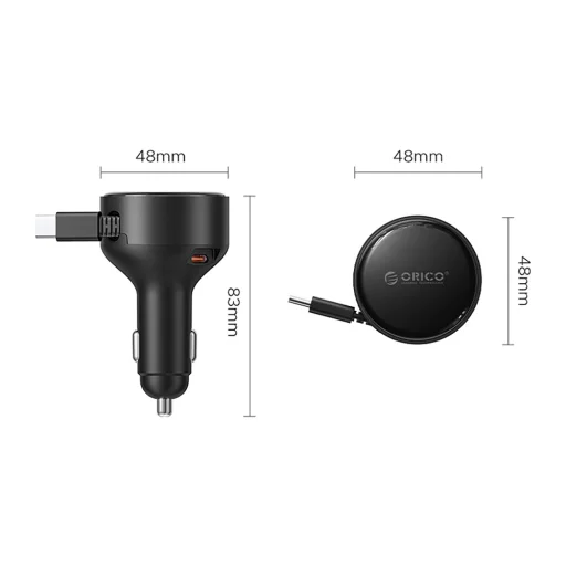 Orico FC-60-2C 60W autonabíjačka so samonavíjacím káblom USB-C, 65 cm, čierna - 2