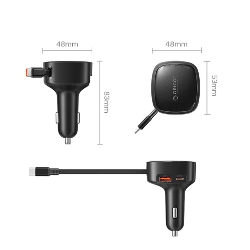 Orico FC-66-1A2C 66W autonabíjačka so zabudovaným samonavíjacím USB-C káblom, čierna - 2