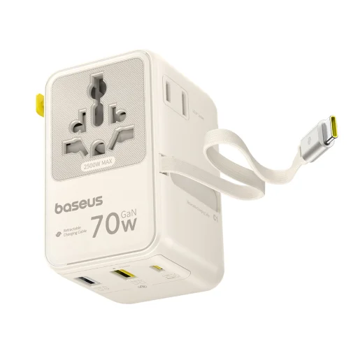Baseus Travel Adapter EnerCore CG11 E0307E01 univerzálny GaN cestovný adaptér s vysúvacím USB-C káblom, 70 W, biely - 2