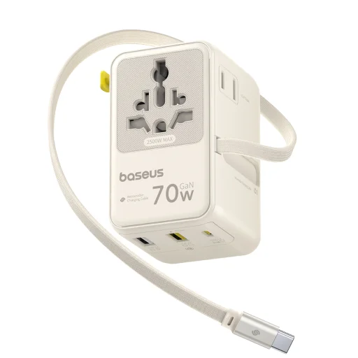 Baseus Travel Adapter EnerCore CG11 E0307E01 univerzálny GaN cestovný adaptér s vysúvacím USB-C káblom, 70 W, biely - 1