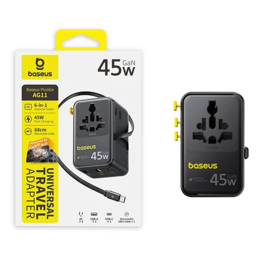 Baseus PicoGo AG11 (E0307F00) univerzálny cestovný adaptér so sťahovacím USB-C káblom, 45 W, čierny - 7