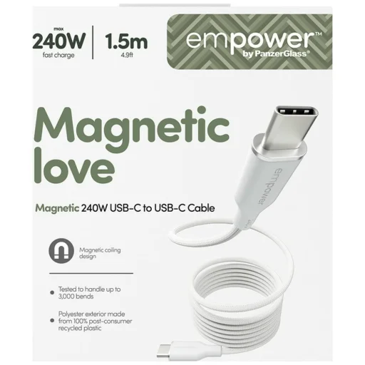 Empower by PanzerGlass Magnetic 240 W USB-C – USB-C kábel, 1,5 m, strieborno-biely - 6
