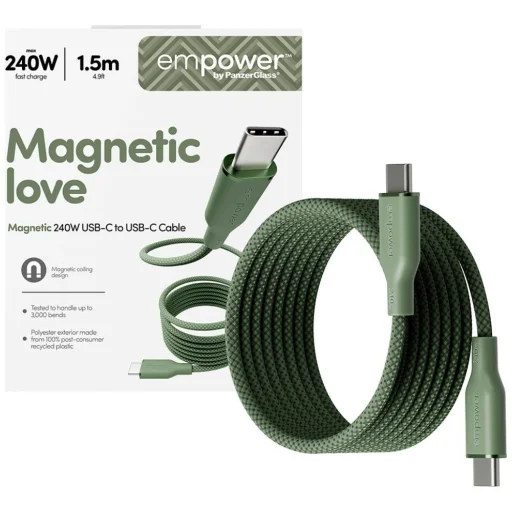 PanzerGlass Empower Racing magnetický USB-C – USB-C kábel, 240 W, 1,5 m, zelený - 1