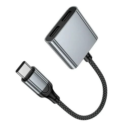 Hoco UPA34A USB-C–USB-C / USB-C audio adaptér, sivý - 6