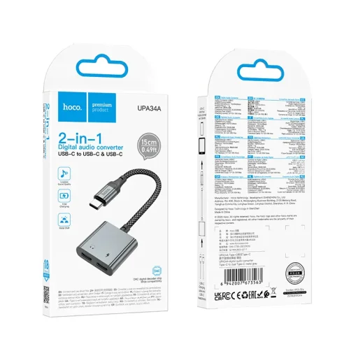 Hoco UPA34A USB-C–USB-C / USB-C audio adaptér, sivý - 9