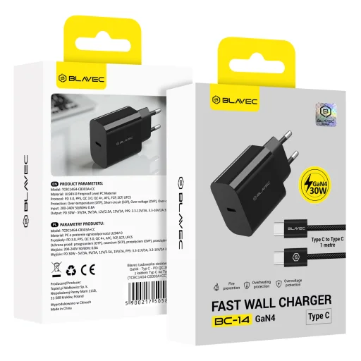 Blavec sieťová nabíjačka BC-14 GaN4 - Type C - PD QC 30W 3A s káblom Type C na Type C (TCBC14G4-CB303A+CC) čierna - 5